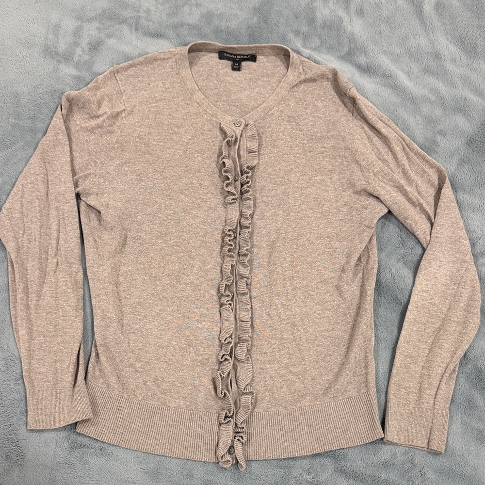 Banana Republic Taupe Ruffle button down Cardigan